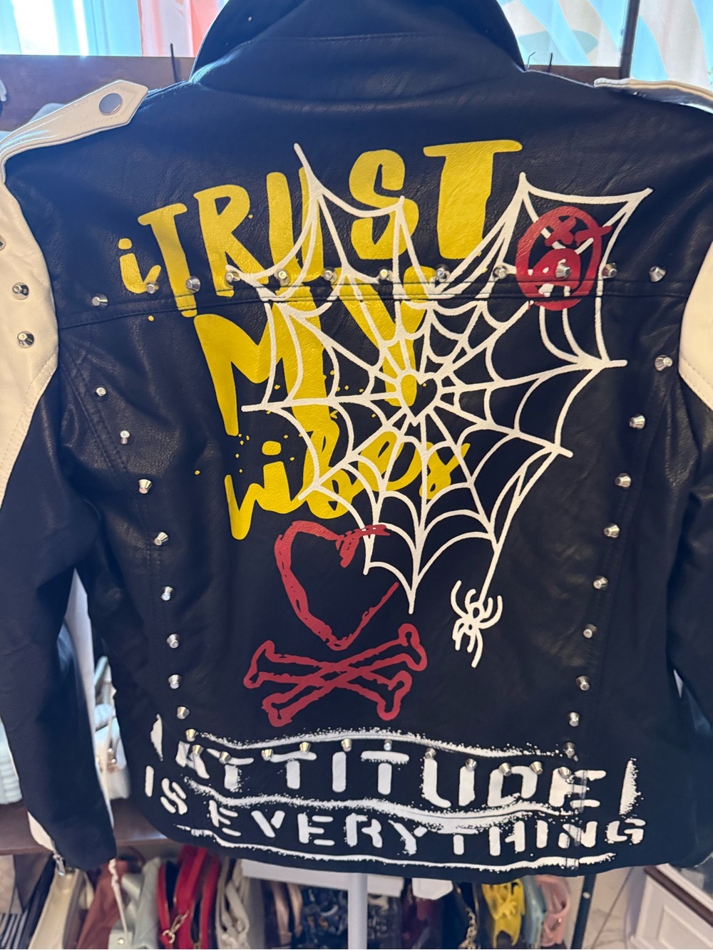💥💥Studded Black & White Graffiti Faux Leather Street wear/Punk/Vintage jacket - Picture 13 of 16